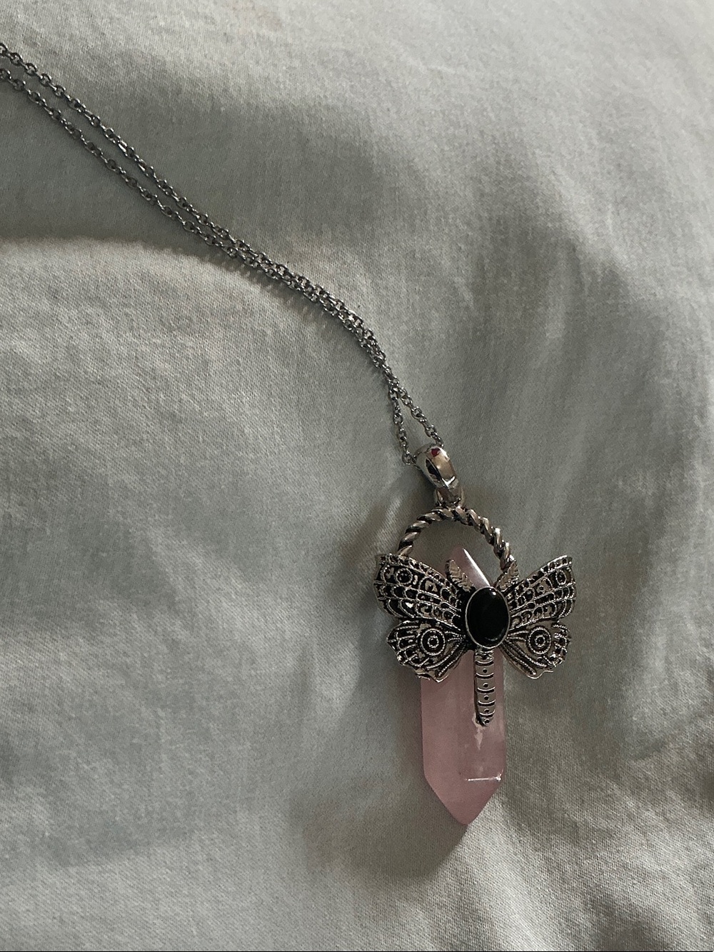 Rose Quartz & Black Crystal Dragonfly Pendant Necklace - Picture 4 of 4